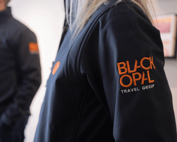 Black opal embroidered softsell being worn