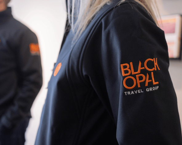Black opal embroidered softsell being worn
