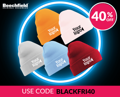 Five knitted hats in different colours, each featuring the placeholder text 'your logo.' The background has a neon circle design, with the Beechfield brand logo and a circular badge displaying '40% off.' A pink banner at the bottom says 'Use code BLACKFRI40'.