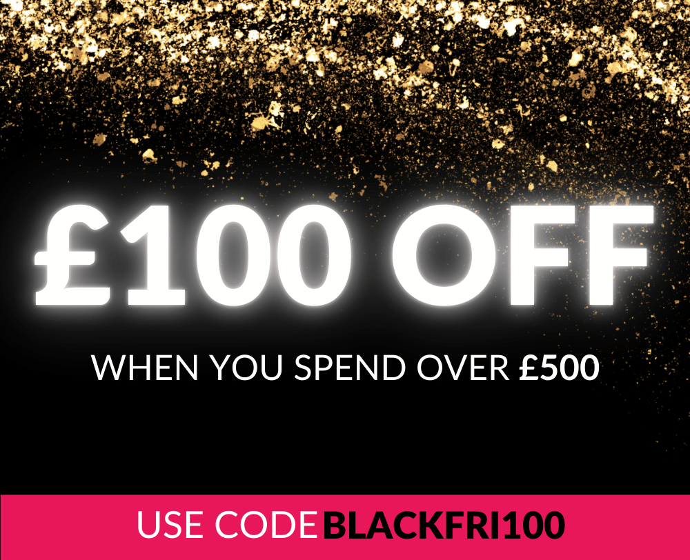 Image with bold white text on a black glittery background that reads: '£100 off when you spend over £500.' At the bottom, a pink bar displays the text: 'Use code BLACKFRI100.'