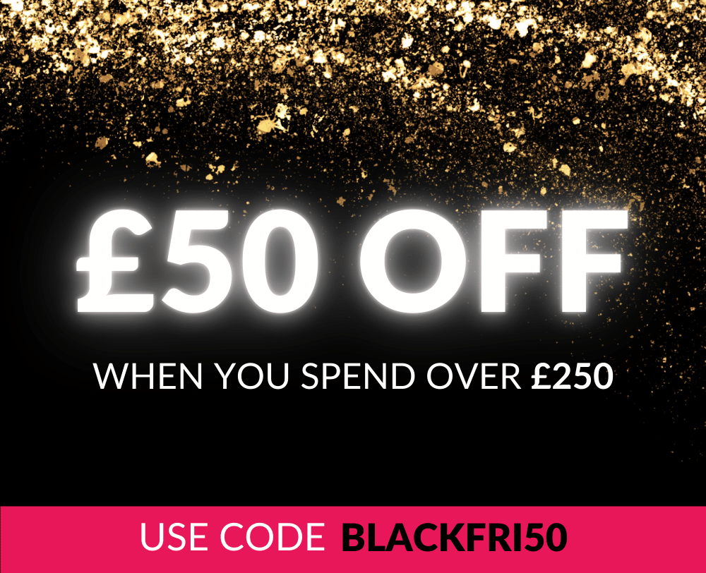 Image with bold white text on a black glittery background that reads: '£50 off when you spend over £250.' At the bottom, a pink bar displays the text: 'Use code BLACKFRI50.'